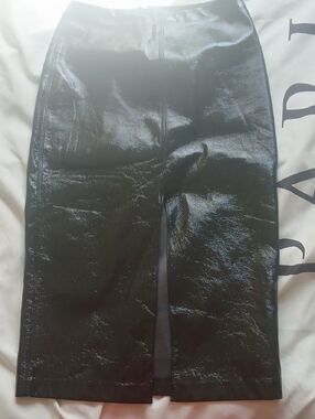 GAP Black Faux Leather Midi Pencil Skirt with Front Slit